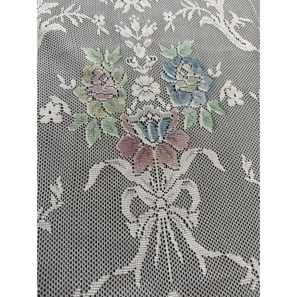 Vintage Lace Curtain Panels Ruffle Trim Floral Cottagecore Shabby Chic 36x29 Set